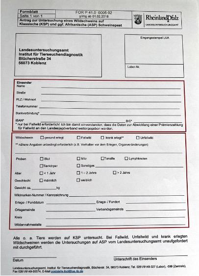 Formular für die Untersuchung von Wildbret<br>